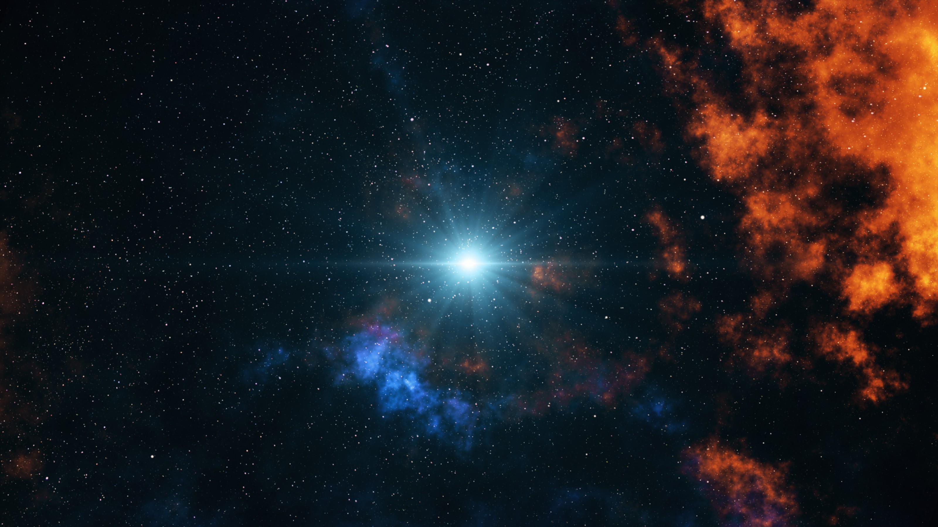 A bright star illuminates the surrounding space with a spectrum of colors in a nebula.