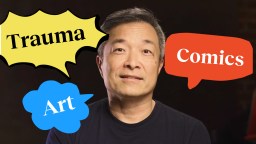 A man in a black shirt with speech bubbles that say trauma comics art.