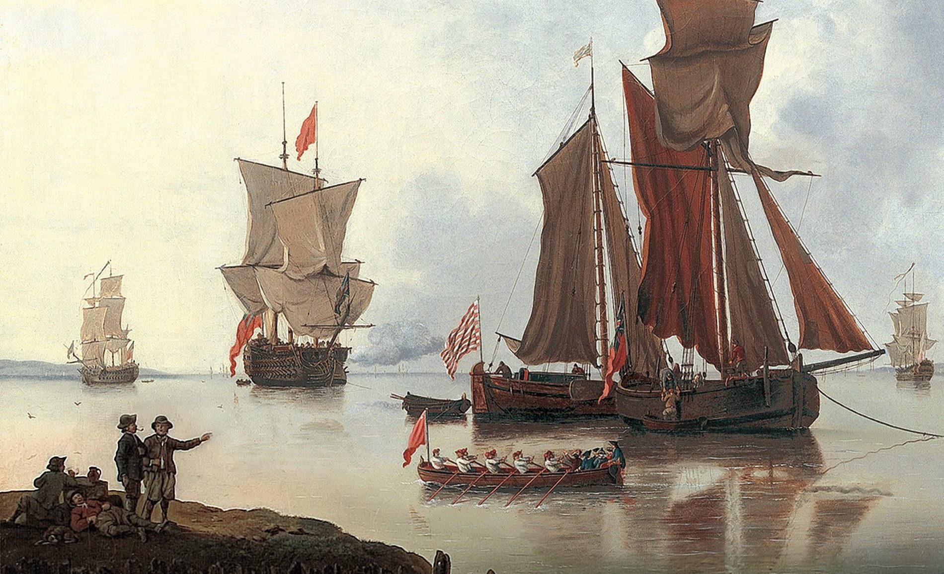 A painting of a group of boats in a body of water.