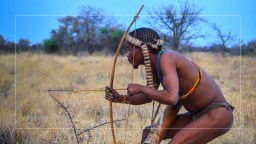 An archer focuses intently while aiming a bow and arrow in a field.