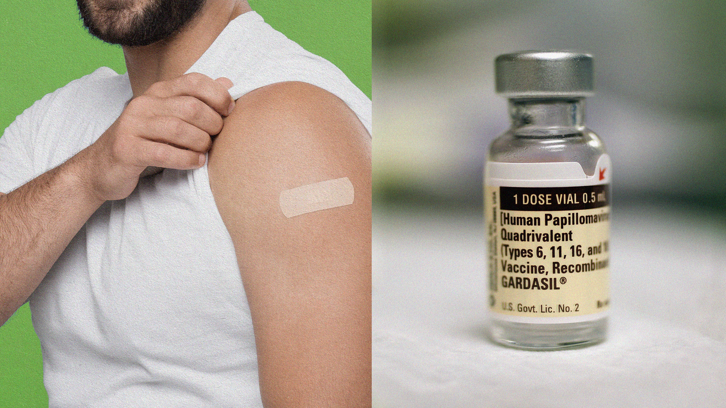 A person with a bandage on their arm after receiving an HPV vaccination, with a focus on a vial of the Gardasil vaccine.