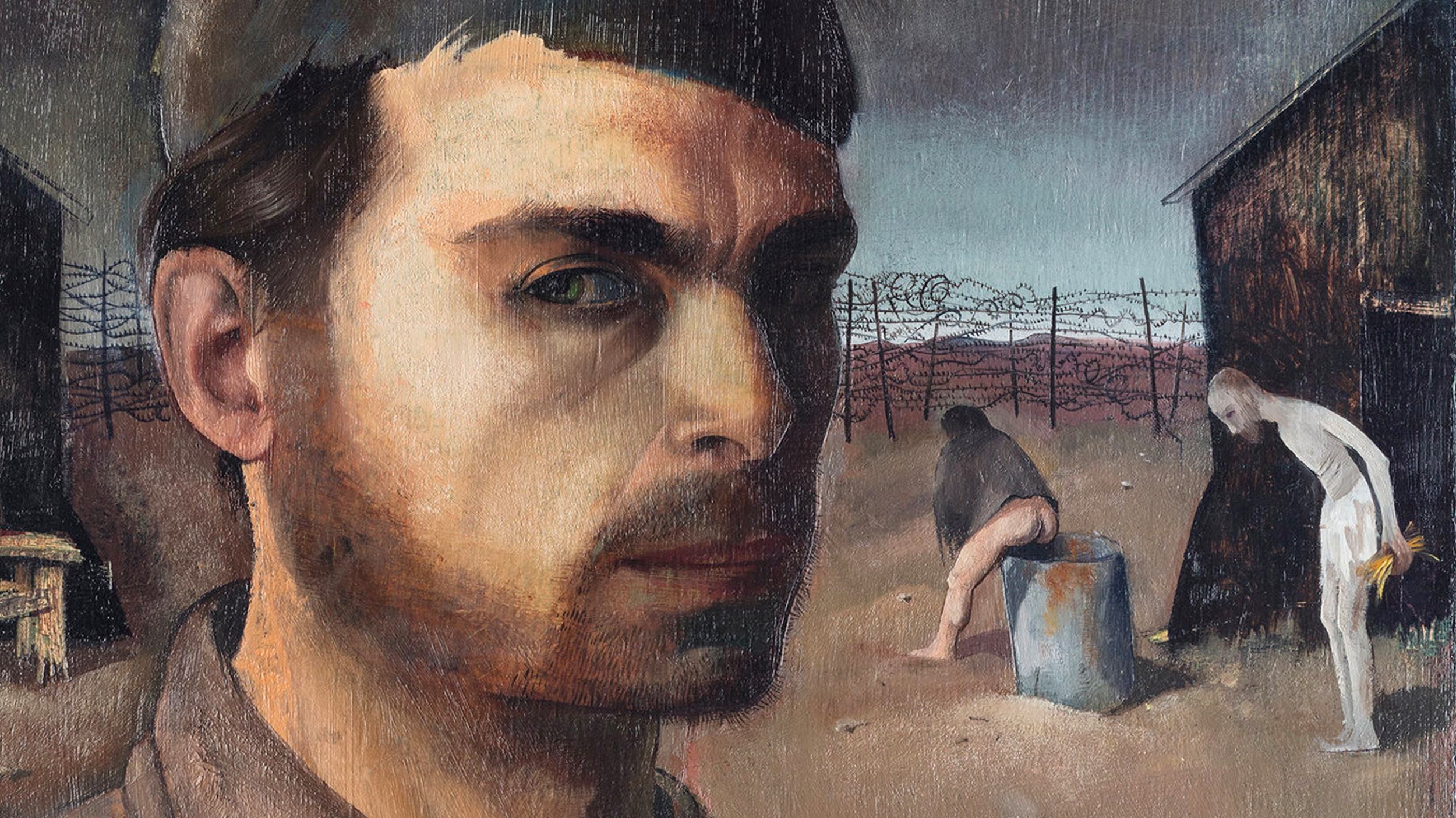 A somber painting of a man standing alone in a tranquil field.