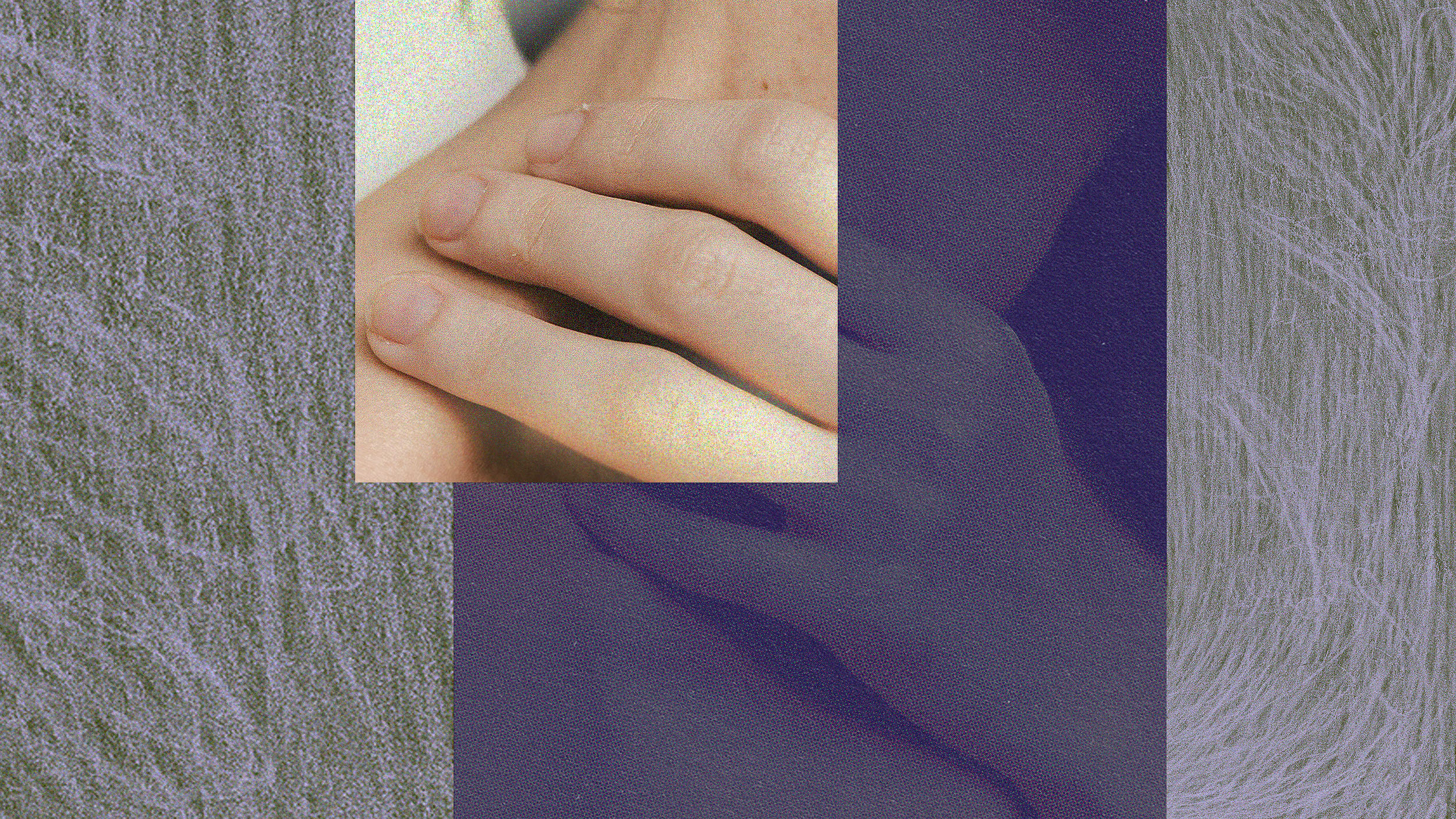 Close-up of a hand touching a neck, set against a background with textured patterns and a large shadow of a hand overlapping the central image.