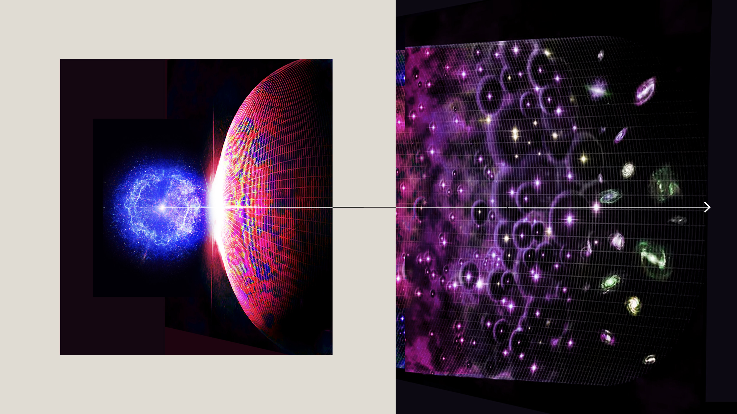 A graphical representation illustrating the concept of the big bang and the subsequent expansion of the universe, depicted by a transition from a singular point of energy to a wide, grid-like spread of galaxies and celestial elements