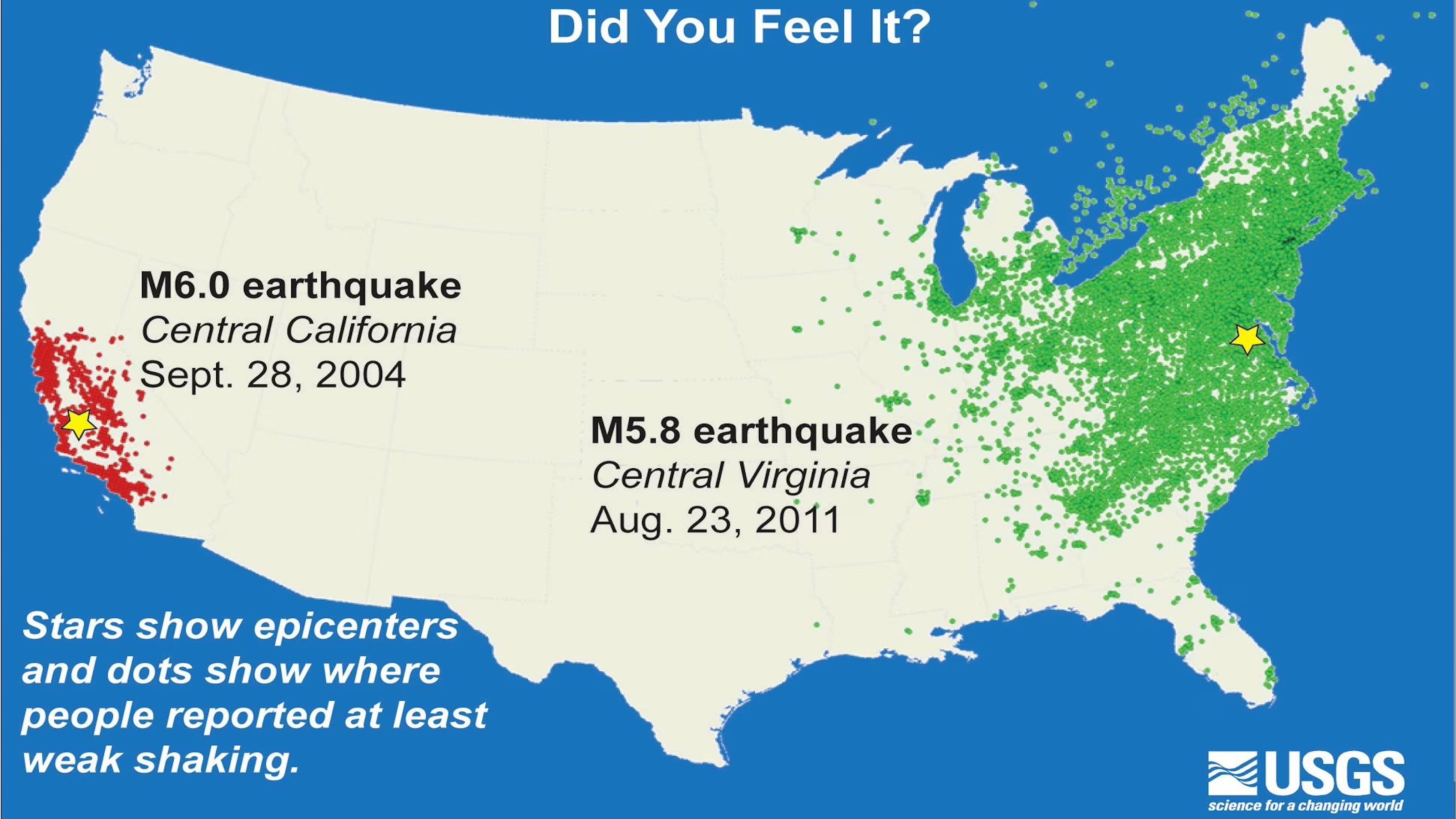 Map of the united states indicating earthquake epicenters and areas where people reported feeling at least weak shaking, highlighting a magnitude 6.0 earthquake in central california on september 28, 2004, and a magnitude 5.8 earthquake in central virginia on august 23, 2011.