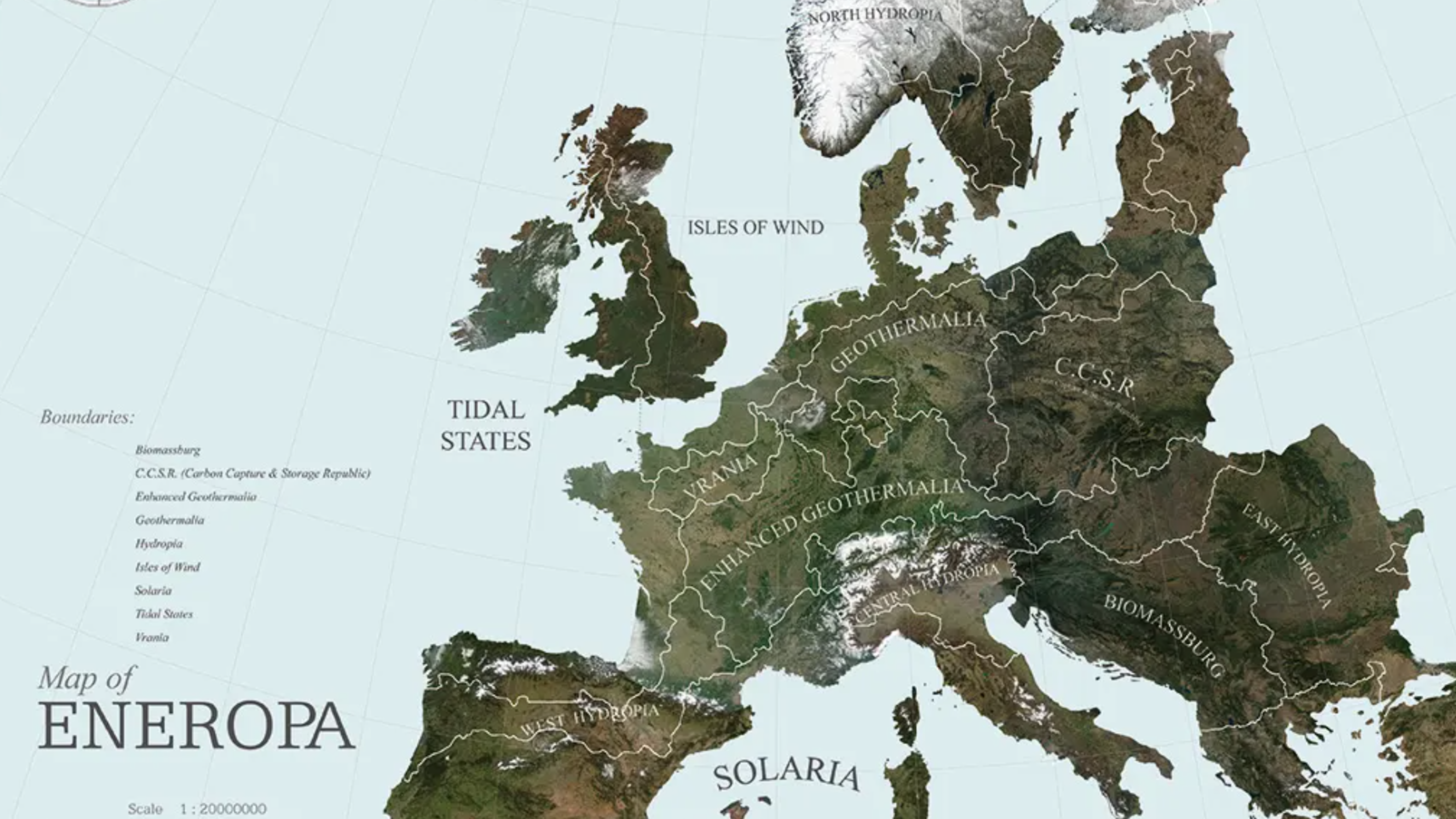 A fictional map of a continent named eneropa, showing various regions like tidal states, ccsr, and solaria with topographical details and a scale.